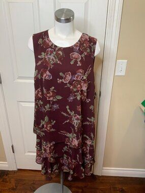 Lauren Ralph Lauren Dark Maroon Floral Crepe Shift Flounce Dress NWT, Size 16